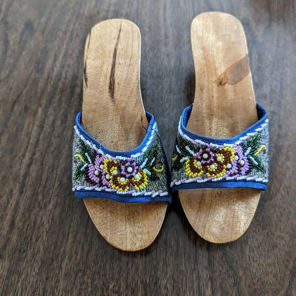 Beaded Floral Wood Slide Mules in Blue